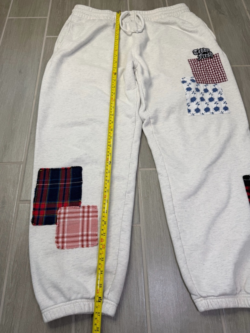 Teddy Fresh Gray Patchwork Jogger Sweatpants Drawstring Mens Size Large - Picture 9 of 9